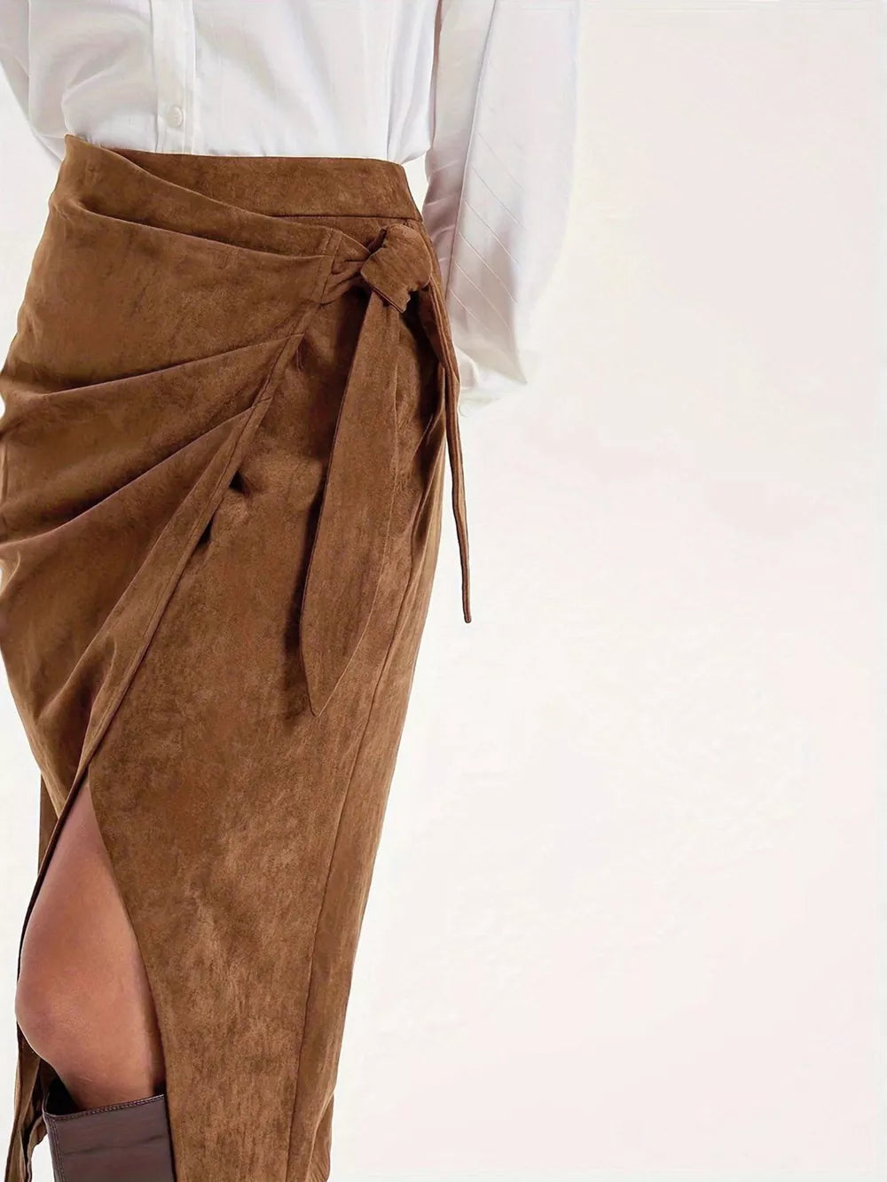 Brown suede midi skirt with tie waist and high slit
