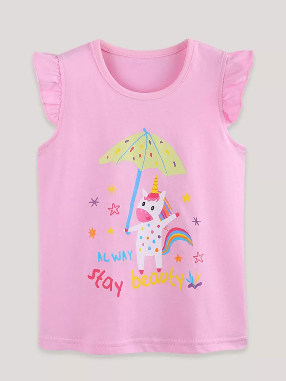 Pink cotton toddler t-shirt with ruffled cap sleeves and a unicorn graphic holding an umbrella.