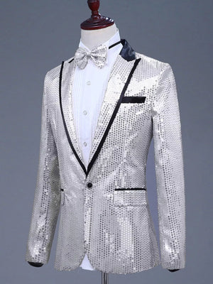 Men's Silvery White Sequin One Button Blazer with black lapel and bow tie.