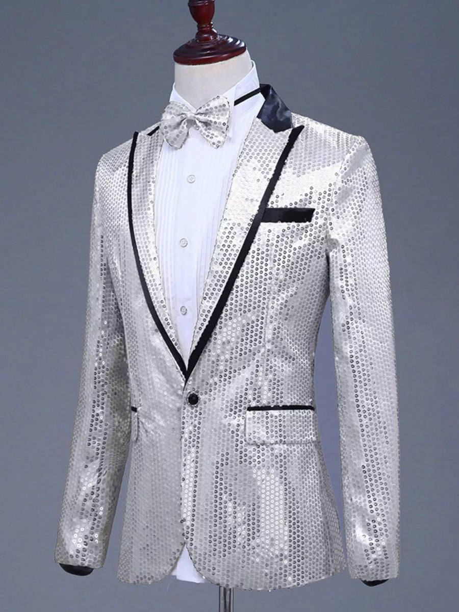 Men's Silvery White Sequin One Button Blazer with black lapel and bow tie.