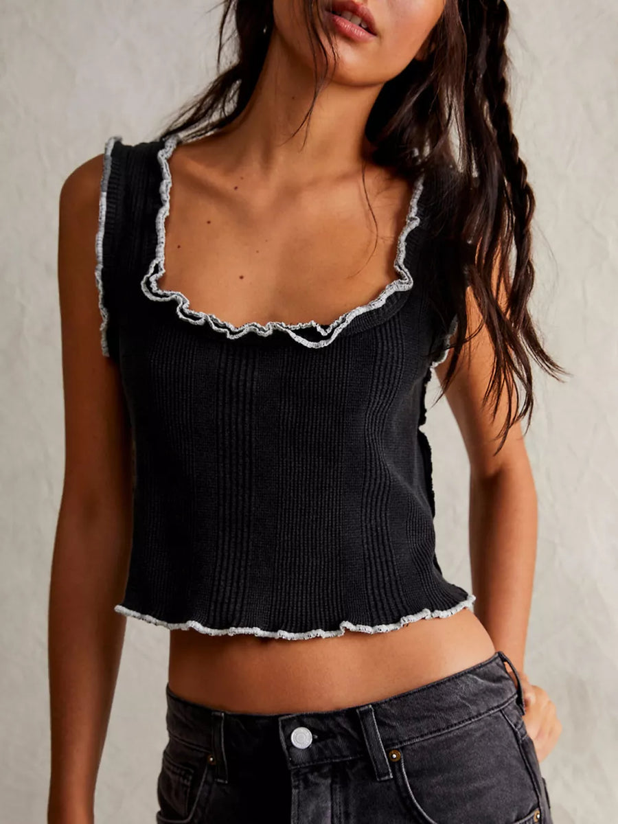 Black ribbed square neck tank top with lettuce trim detail
