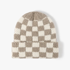 Checkerboard knit beanie in Khaki and White with a cuffed brim.