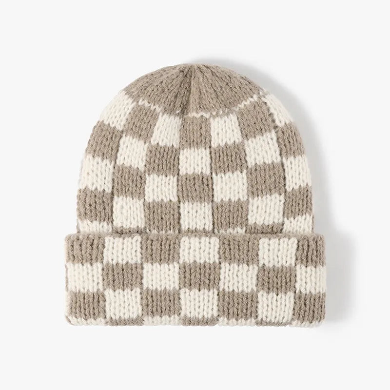 Checkerboard knit beanie in Khaki and White with a cuffed brim.