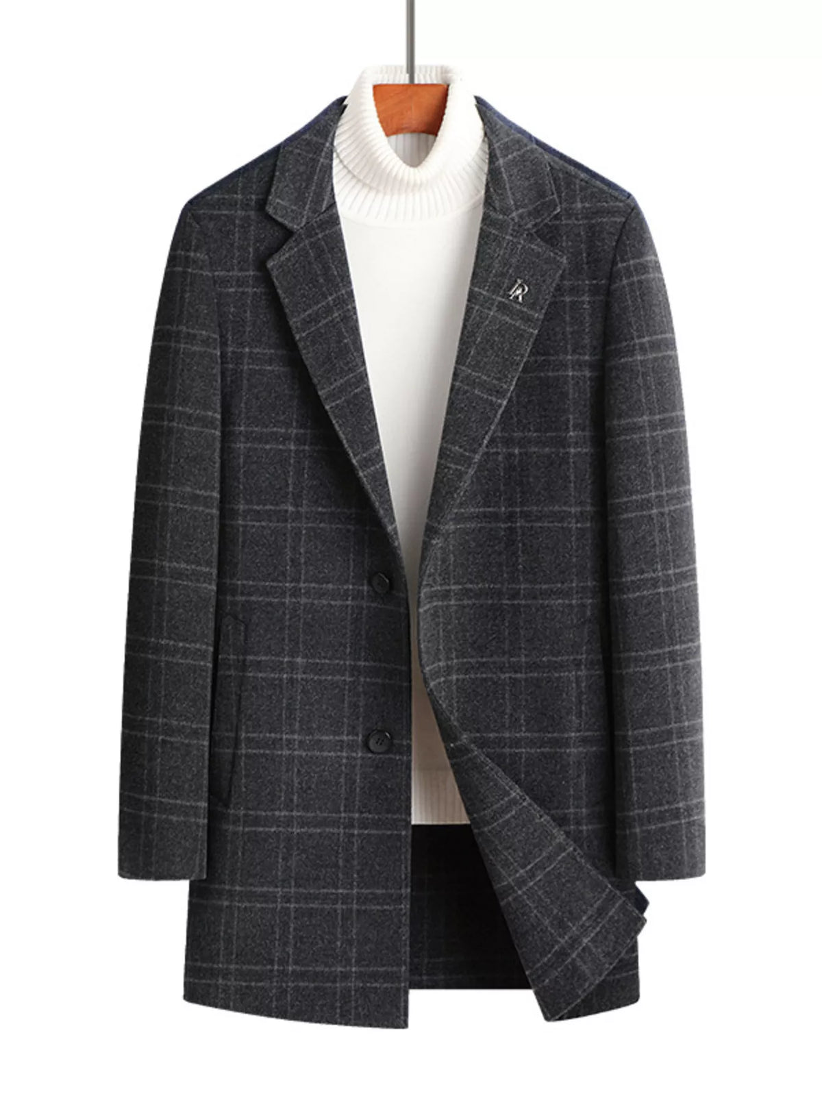 Men's dark gray plaid wool blend overcoat with button closure and notched lapels.