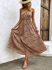 Taupe floral print spaghetti strap midi dress with adjustable straps and a-line cut.