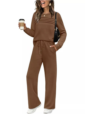Casual Long Sleeve Crewneck Top & Drawstring Pants Set in Dark Gray