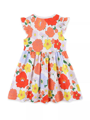 Toddler floral ruffle sleeve cotton dress with a white base and colorful blooms.