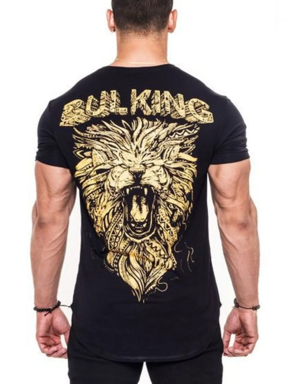 Black t-shirt with gold roaring lion graphic and Bulking King text on back
