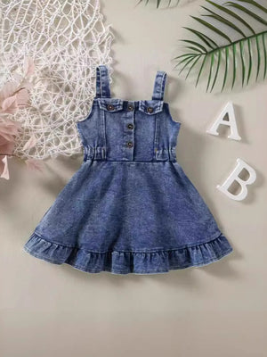 Adjustable denim overall dress for kids with button front and ruffled hem