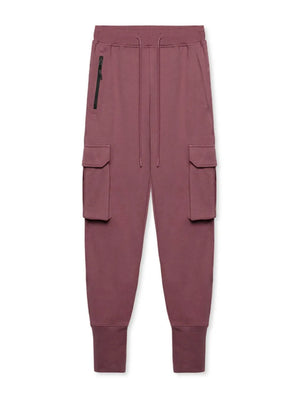 Dusty pink Tech-Knit cargo joggers with zip pocket and drawstring waist.