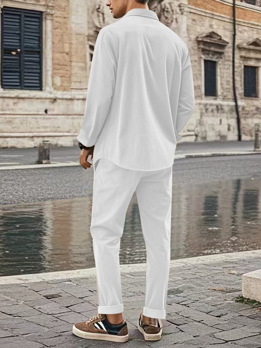Men's Full Size Button Up Long Sleeve Shirt And Pants Set in Khaki