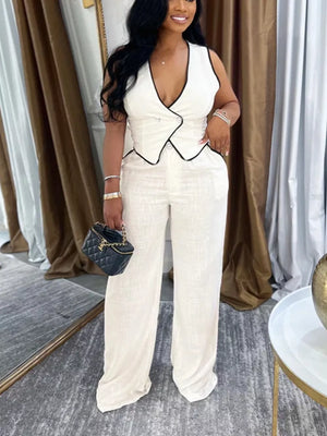 modern two-piece set in camel with deep v-neck