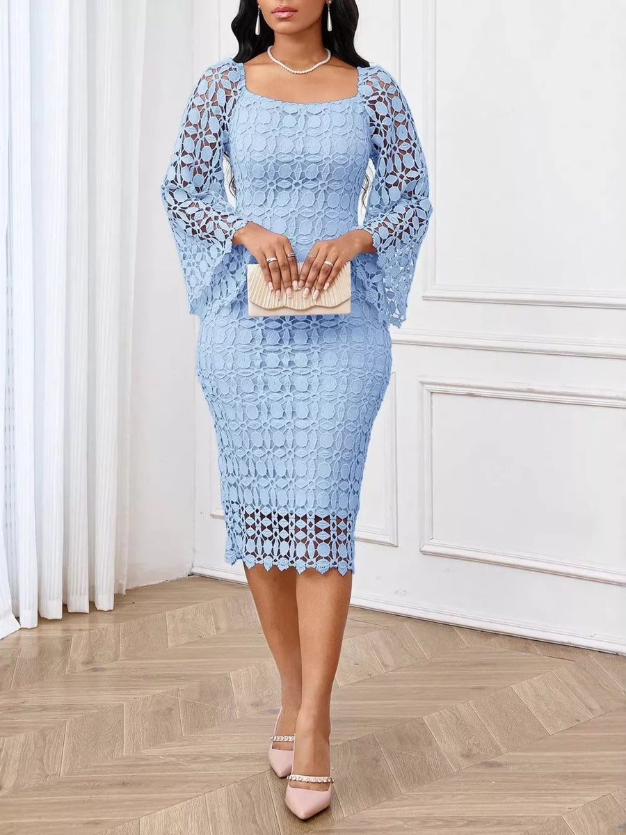 Light blue lace midi dress with square neckline and sheer bell sleeves.