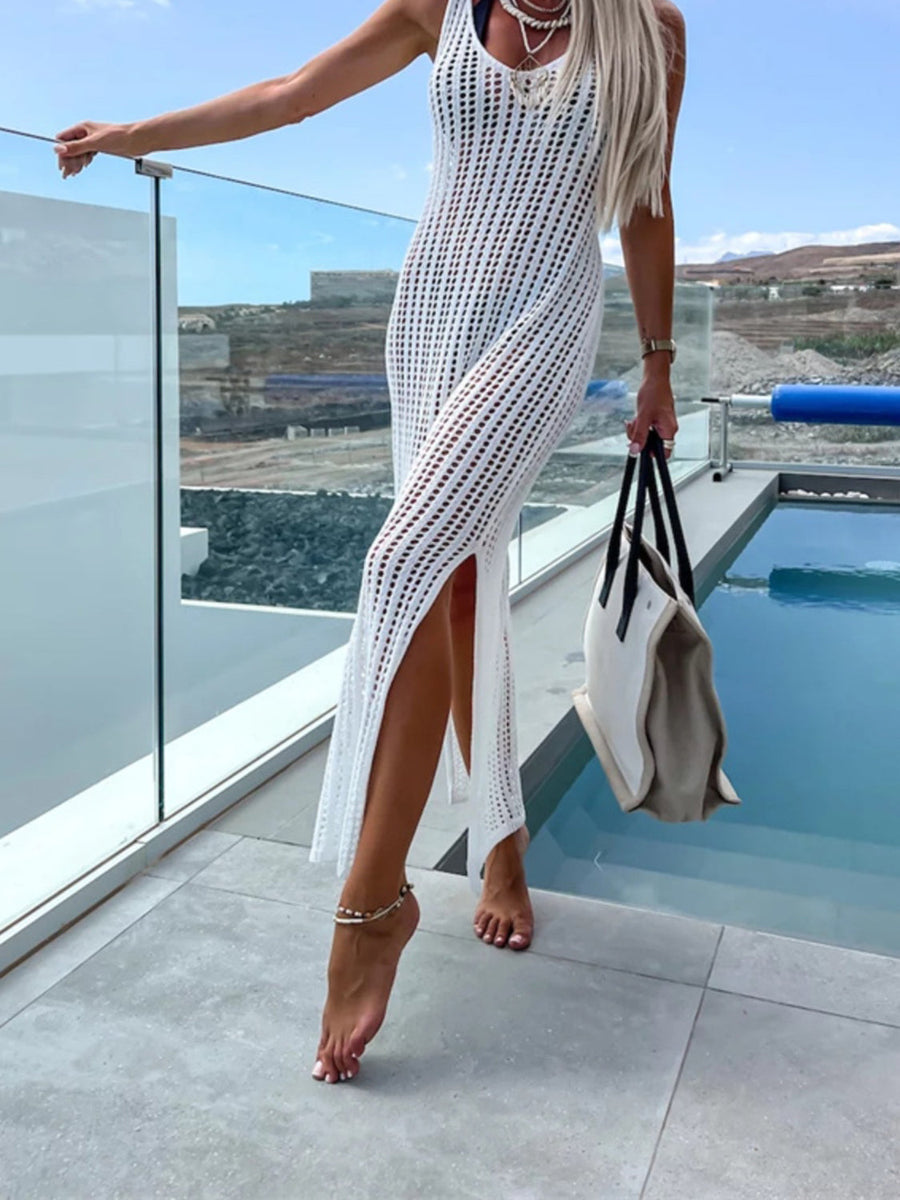 White open-knit maxi cover-up with high slits and scoop neck, styled with a beach tote.