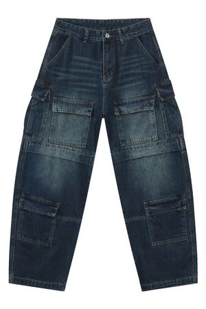 Dark denim cargo pants with layered pockets and a relaxed fit.