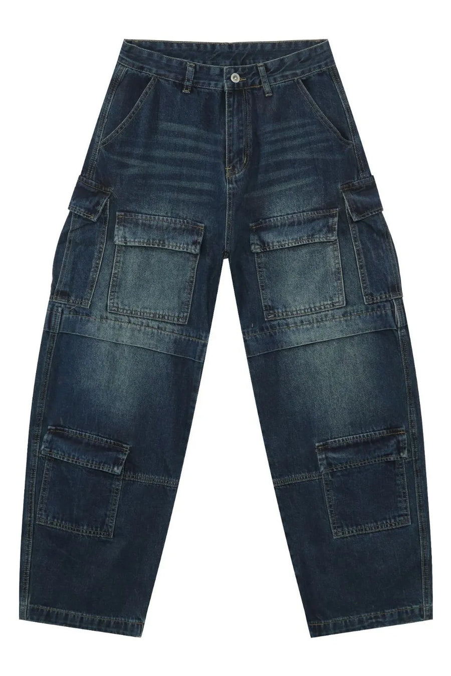 Dark denim cargo pants with layered pockets and a relaxed fit.