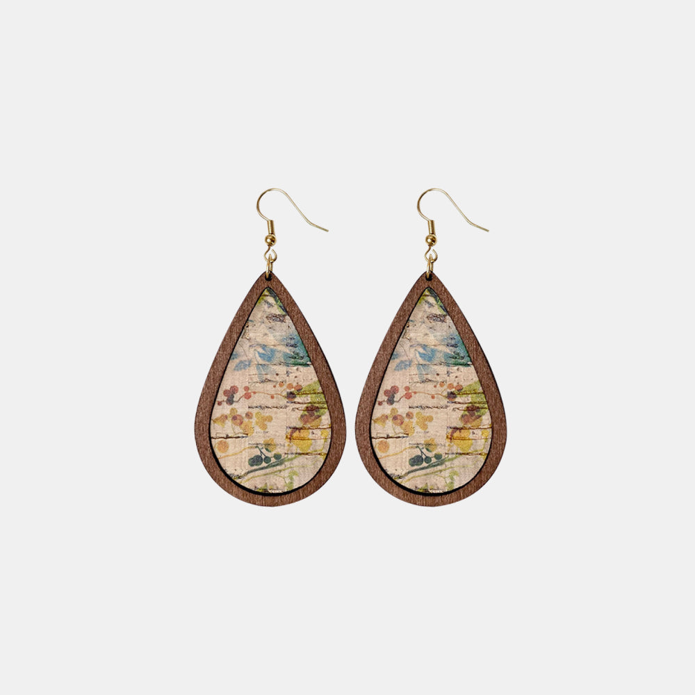 Cork teardrop earrings with botanical print and wooden frame