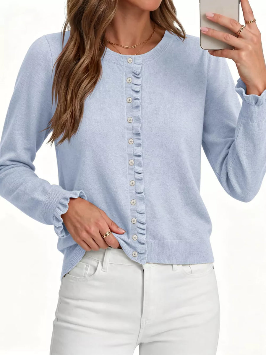 Ruffle-trimmed Button-down Knit Cardigan in Khaki with buttoned