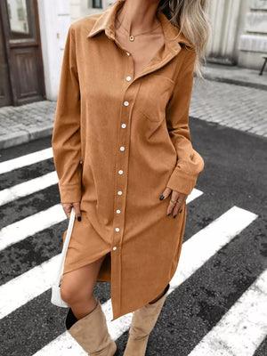 camel shirt dress with ribbed and collared