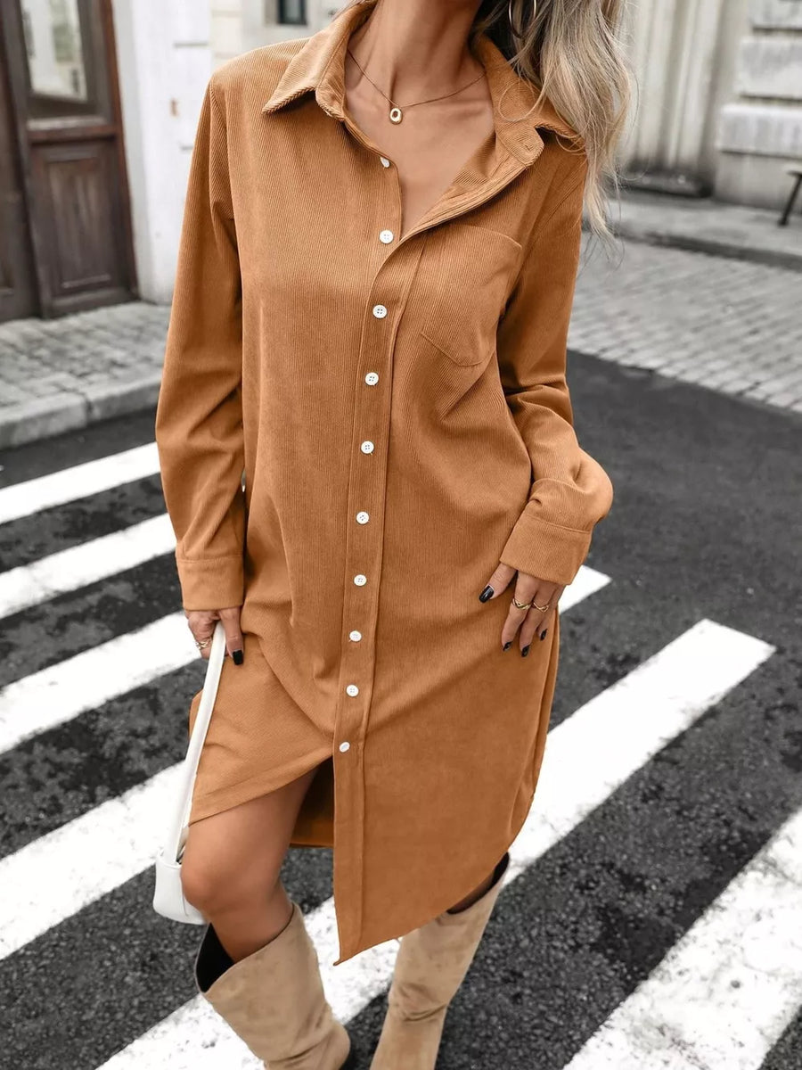 camel shirt dress with ribbed and collared