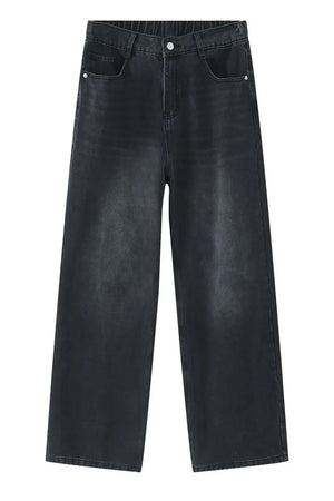 Wide-leg jeans in dark gray denim with a relaxed fit and elastic waistband.