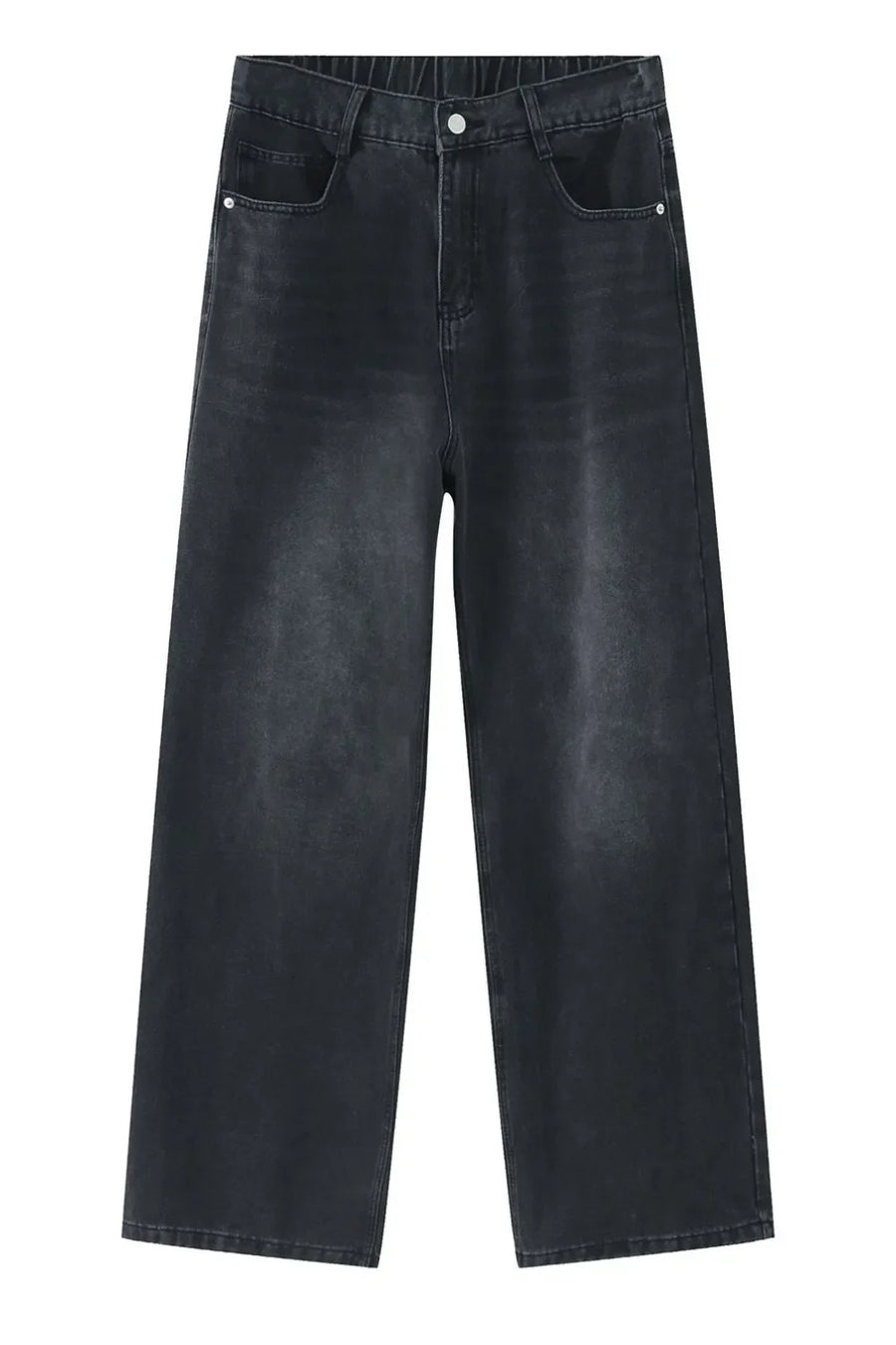Wide-leg jeans in dark gray denim with a relaxed fit and elastic waistband.