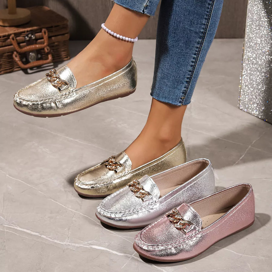 loafers in metallic gold featuring round toe and flat fit