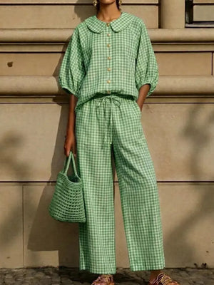 Full Size Plaid Button Up Shirt And Pants Set Plus Size in Yellow