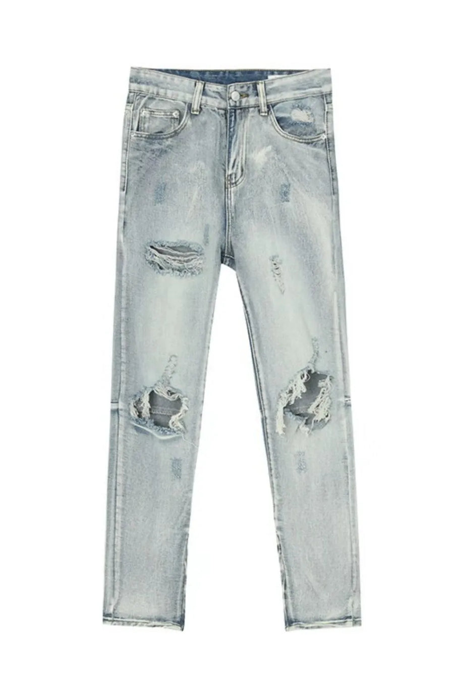 Distressed knee-slit light wash denim trousers with ripped details.
