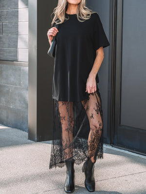 Black floral lace maxi dress with t-shirt top and sheer lace skirt.