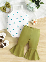 Print baby bodysuit with cactus pattern and green flared pants set