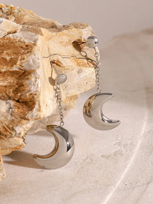 Silver celestial crescent drop earrings with chain detail
