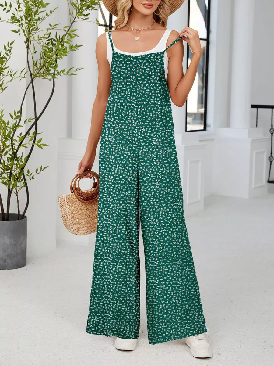 Floral Print Wide Leg Spaghetti Strap Overalls, view 13