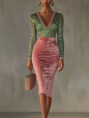 forest green midi dress with leopard and deep v-neck