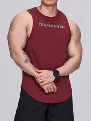 Burgundy performance tank top with TEAMJOINED logo, curved hem, and crew neck.