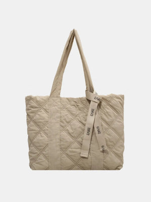 Khaki diamond quilt nylon tote bag with logo strap detail