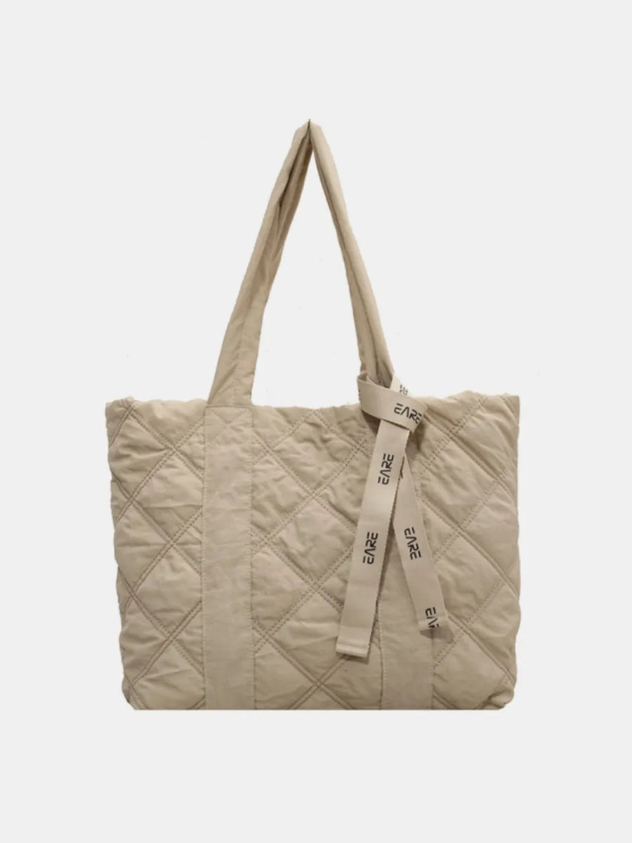 Khaki diamond quilt nylon tote bag with logo strap detail
