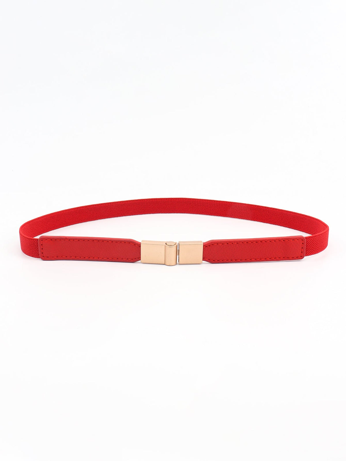 Red elasticated buckle belt with leather detail and gold buckle