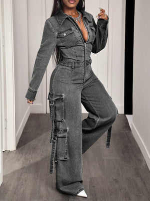 Zip Front Wide Leg Cargo Denim Jumpsuit option 3