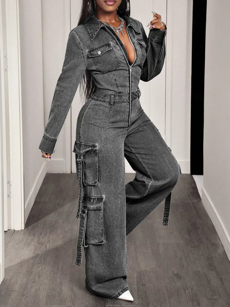 Zip Front Wide Leg Cargo Denim Jumpsuit option 3