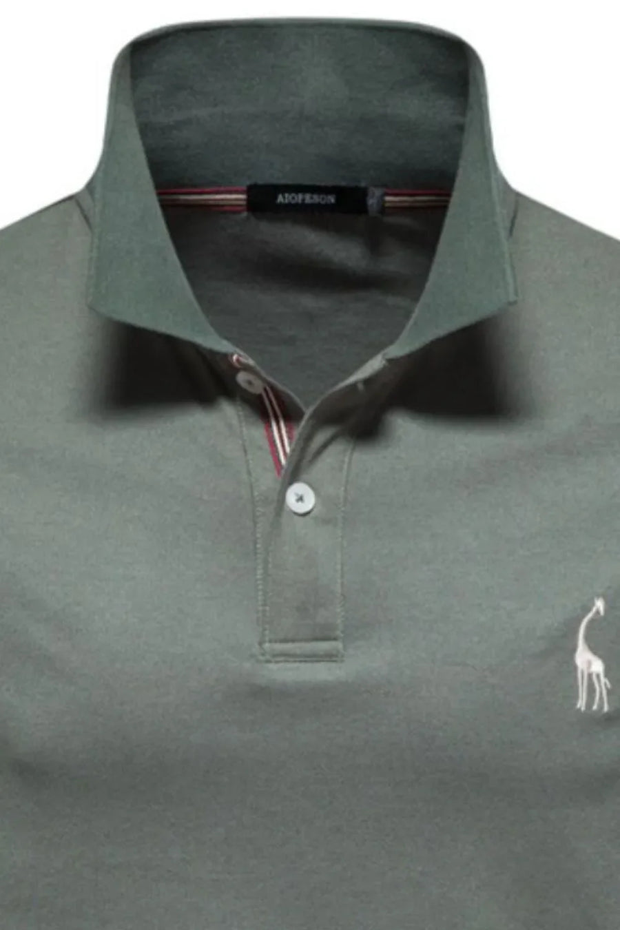 Moss piqué polo shirt with giraffe embroidery and striped collar detail.