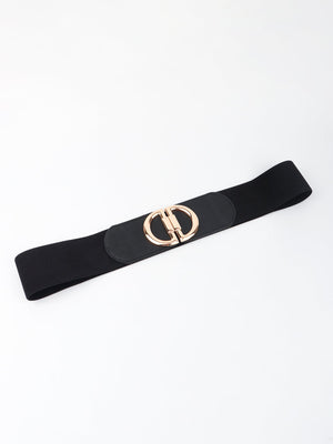 Black elastic belt with double D gold buckle and faux leather detail