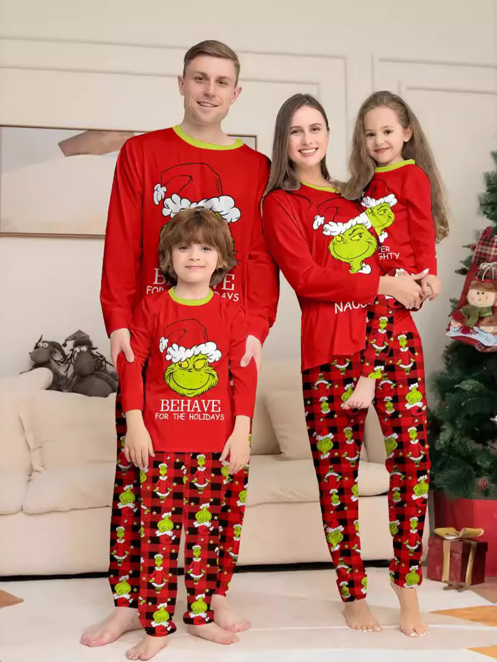 red pajama set with graphic print, plaid and crew neck