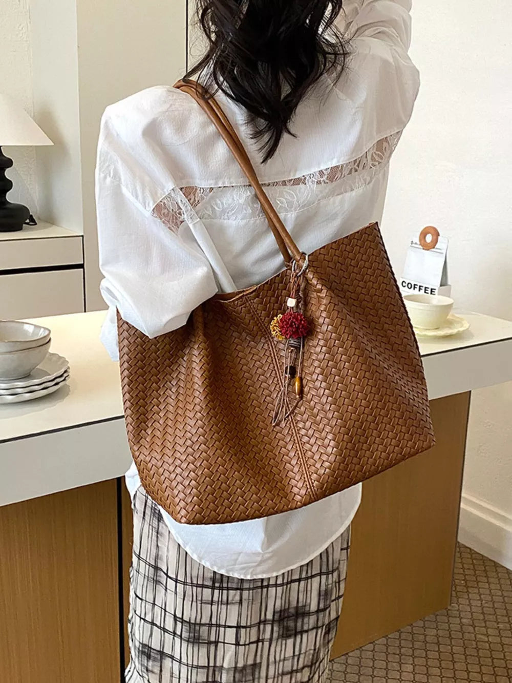 tote featuring woven in Green with PU Leather Imported Size &amp texture