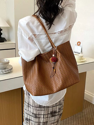 tote featuring woven in Green with PU Leather Imported Size &amp texture