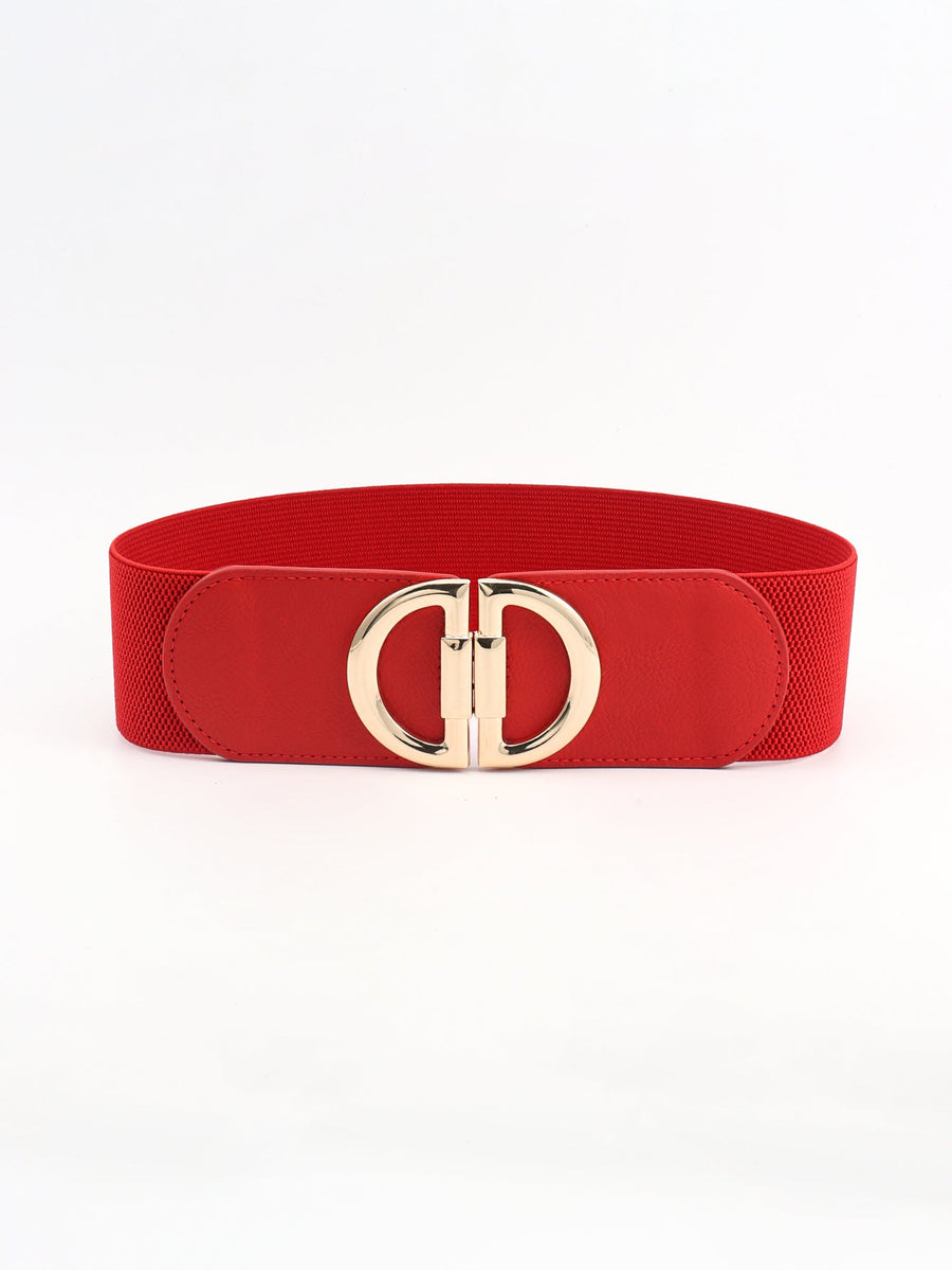 Red elastic belt with double D gold buckle