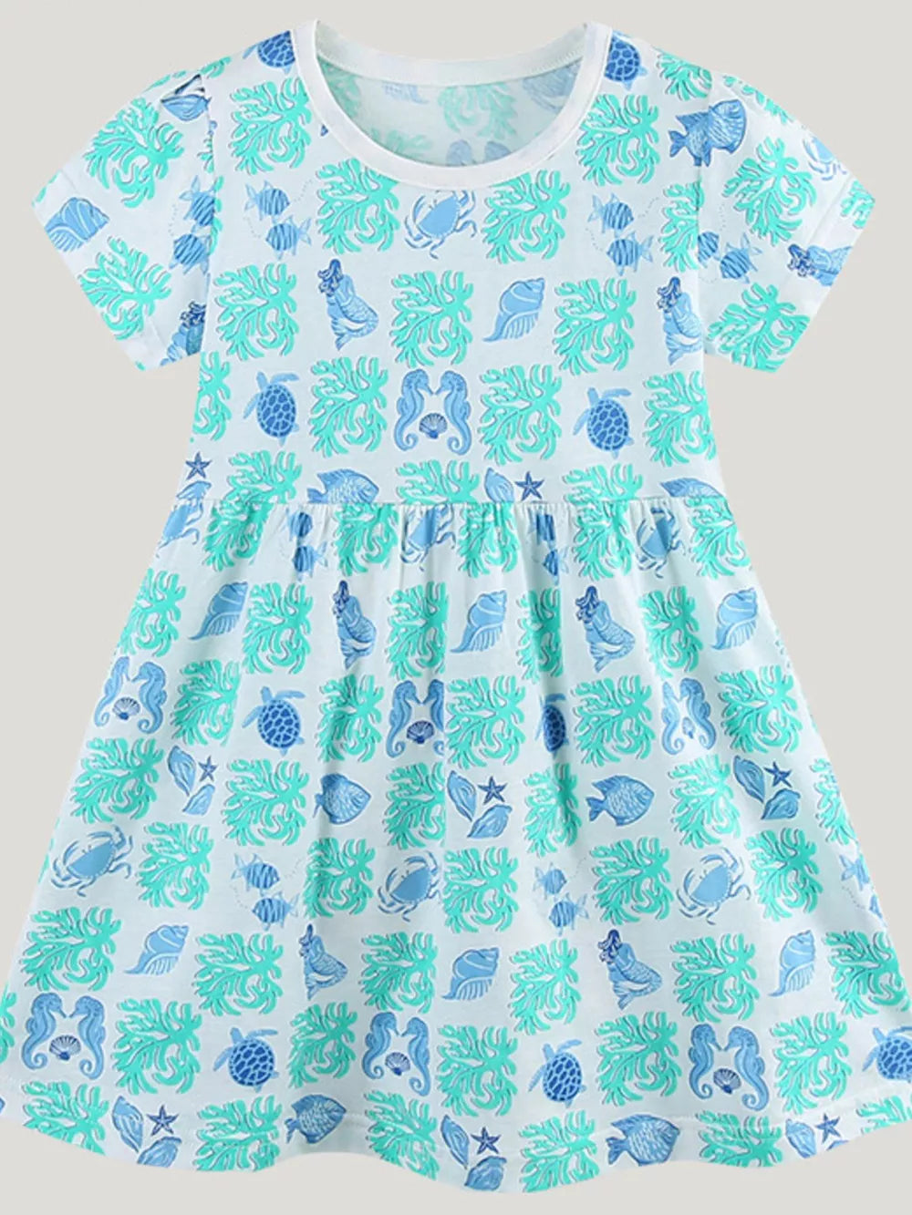 Toddler cotton dress with ocean print, featuring sea creatures and coral in blue and green.
