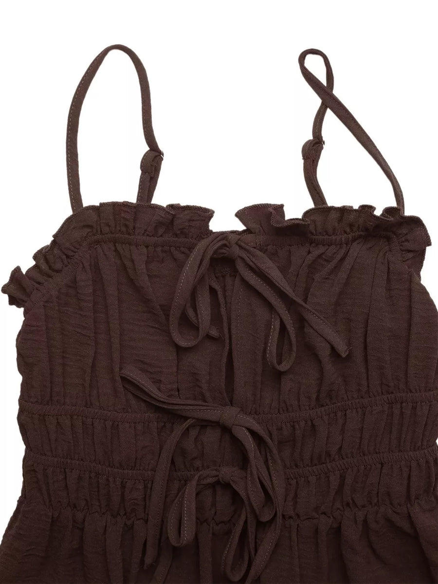 Charming Tie-front Midi Dress in coffee brown with ruffled neckline and tie details.