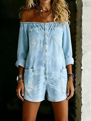 Light blue denim off-the-shoulder romper with button front and chest pockets