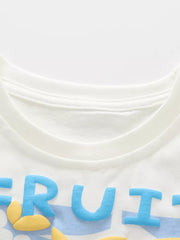 Baby white cotton tee with colorful fruit graphic and blue lettering.